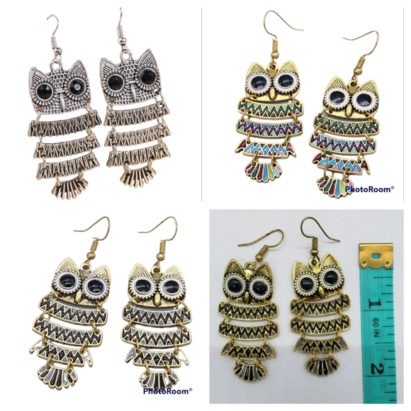 Owl Earrings Multi-color Contrast On Gold Tone - Picture 5 of 9